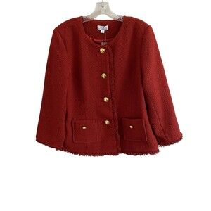 NWOT Joan Rivers Red Tweed Fringe Blazer Jacket Gold Buttons Womens   Size 14